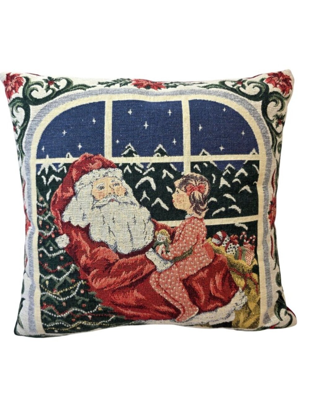 Vintage 90s Needlepoint Santa Pillow 16 in Sq Christmas Tapestry Cushion Holiday